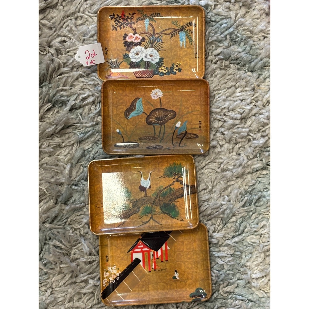 Vintage RDS Importing Italy Chinoiserie Trinket Tray Set 4 Crane Lotus Pagoda